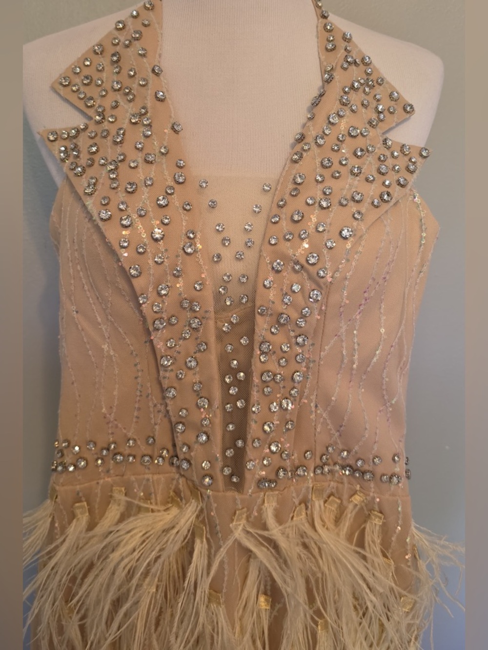 Elegant Feathered Halter Mini Dress in Champagne - Picture 9 of 14